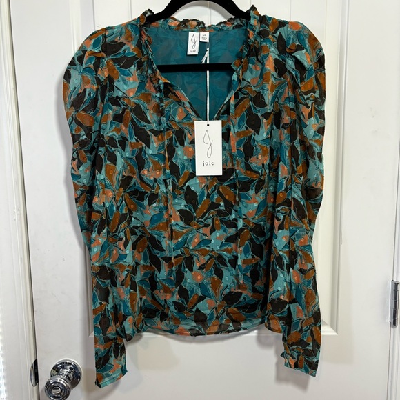 Joie Tie Front Balloon Sleeve Paisley Print Peasant Blouse Teal Brown NWT - S - Picture 7 of 8